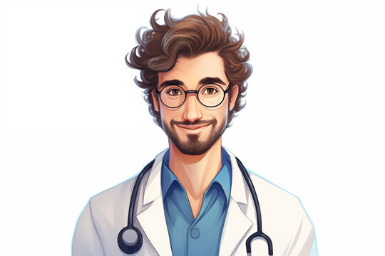 Physical therapy. Cute curly-haired male doctor on white isolated background. Illustration, cartoon style.