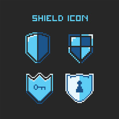 this shield icon in pixel art with simple color and black background ,this item good for presentations, stickers, icons, t shirt design,game asset,logo and your project.