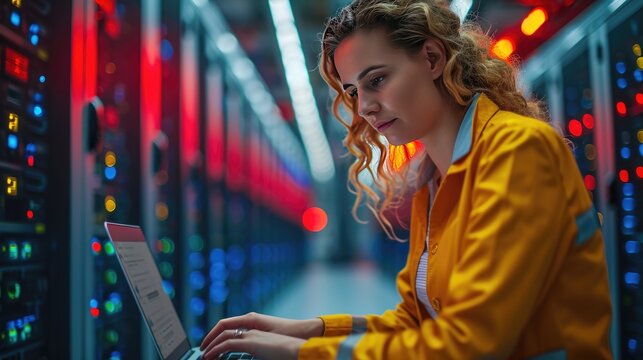 A woman working at a data center in laptop with copy space, Generative AI.