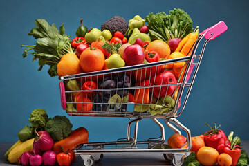Basket of freshness. Vibrant shopping cart filled with a rainbow of fresh fruits and vegetables. Healthy choices for a colorful lifestyle.