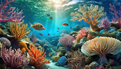 Fototapeta na wymiar Hyper-Realistic Underwater Wonderland: Tropical Fish, Colorful Seahorses, and Dazzling Corals