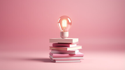 mock up of stacked pink book and light bulb in minimal design - obrazy, fototapety, plakaty