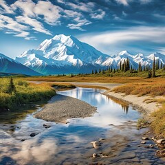 Denali National Park, Alaska destination unfurls across 6 million tranquil acres of taiga and tundra.  landscape with lake and mountains