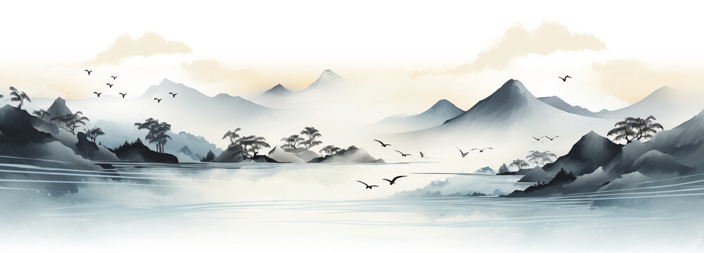 山々の景色　水墨画　イラスト「AI生成画像」