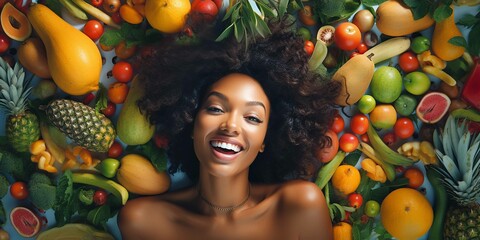 Fototapeta na wymiar A vibrant health scene where a vibrant healthy athletic Black woman on floor eyes looking fruits and vegetables