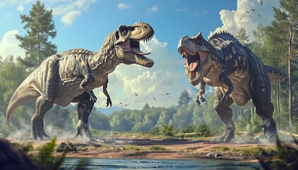 Allosaurus in a dramatic confrontation with a rival, illustrating the fierce nature of carnivorous...