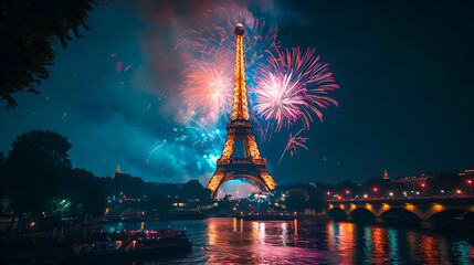 PARIS, FRANCE - JULY 14, 2017: Famous Eiffel Tower and beauty and colorful fireworks during celebrations of French national holiday - Bastille Day.
