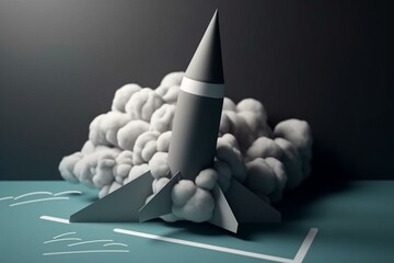 Cartoon pencil rocket launching on dark background with cloud and sphere around. Concept of startup business taking off or explore the infinite world. Generative AI - obrazy, fototapety, plakaty
