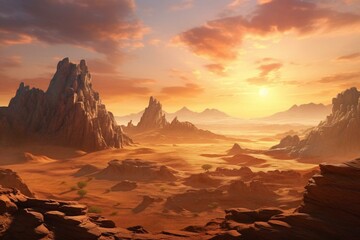 Aerial view of a colorful rocky desert with towering rock formations and sandstorms during a serene sunset, with a touch of fantasy. Generative AI - obrazy, fototapety, plakaty