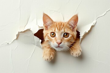 set of one cat in paper side torn hole isolated