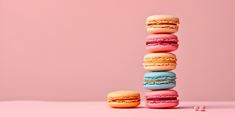 colorful macaroons on wooden table with pink background ,Stack of Irresistible French Macaroons in Vintage Pastel Hues on Pink Background 