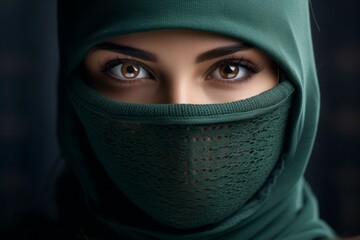 Naklejka premium a girl in a green balaclava. a woman with a mask hiding her face. headdress, hat. a close look.