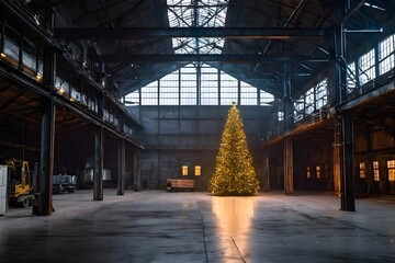 Alte dunkle Industriehalle mit beleutetem Weihnachtsbaum - KI generiert - obrazy, fototapety, plakaty