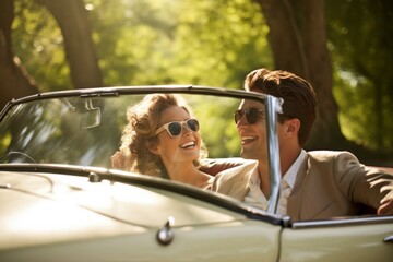 A newlywed couple embarks on their honeymoon in a vintage convertible car