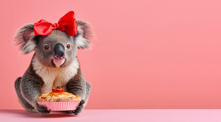 Cute Koala girl offering yummy meat pie. Celebrating Australia day and Happy Australian animals concept. Space for text.  - obrazy, fototapety, plakaty