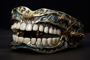 Naklejka premium Dental anatomy - Opened Dentures. Medically accurate dental 3D illustration Generative AI