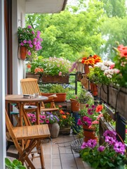 Naklejka premium Beautiful balcony with comfortable chairs, wooden table and many potted flowers plants. Generative AI