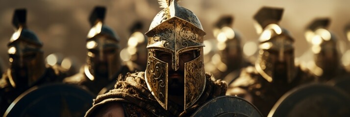 armed Roman legionaries. group of knights, with armor on, are standing together, in the style of intense close-ups, dark gold and brown, cinematic stills, selective focus. Ready to fight.