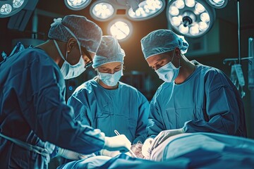 Professional surgeons in uniform bent over a patient lying on operating table to perform an operation