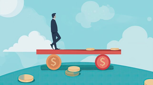 A person standing on a seesaw, with debt on one end and financial stability on the other, struggling