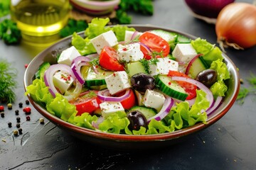 Greek salad with feta cheese and olive oil. Greek healthy food