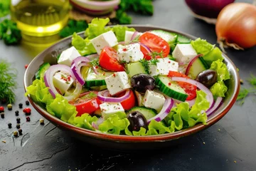 Poster Greek salad with feta cheese and olive oil. Greek healthy food © Lubos Chlubny