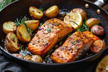 Grilled salmon and potatoes in a frying pan. Generative AI