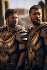 some warriors with their helmets on, in the style of cinematic lighting, dark gold and brown, intense close-ups. Gladiators with guns.