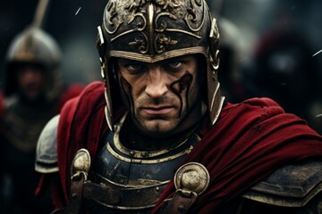 Fototapeta na wymiar A cinematic shot of a gladiator, a Roman legionnaire. a knight in iron armor. a warrior in ancient history.