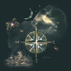 Golden compass on a dark background. Peace, symbolism. Navigation, cardinal directions - 713792965