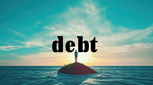 A person standing on a shrinking island labeled "debt," surrounded by rising waters of financial obl