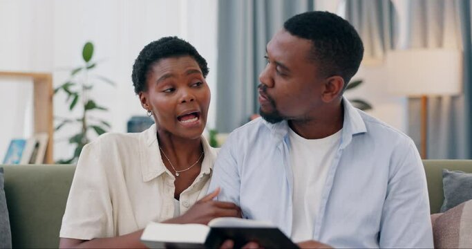 Bible, reading and black couple on couch with faith, worship and spiritual conversation in home. Religion, marriage and gospel, christian man and woman on sofa together with holy book, love and trust