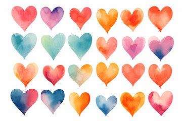 Set of watercolor hearts on a white background.  illustration.
