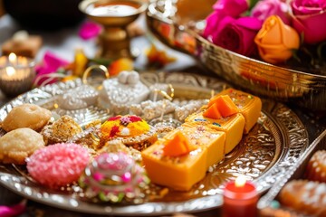 Naklejka na ściany i meble Culinary Delight: A scene with delicious Indian sweets and rakhis on a plate, representing festive treats