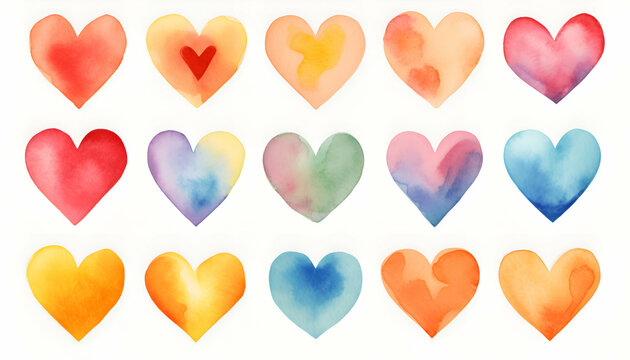 Watercolor hearts set. Hand painted  illustration isolated on white background.