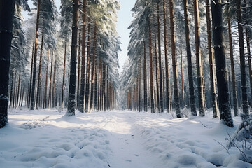 Coniferous forests in Europe covered in white snow
