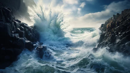Poster Endless Ocean Waves Crashing onto a Rugged Coastal Cliff. © sitimutliatul