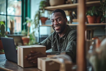 A smiling African American man unpacks a package - obrazy, fototapety, plakaty