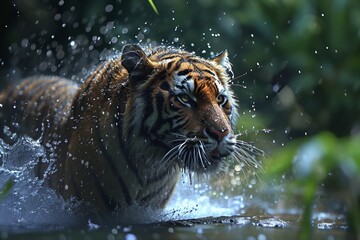 Fototapeta na wymiar Tiger poised on a riverbank water droplets spraying from its fur as it shakes off excess moisture the essence of the jungle captured in this dynamic and energetic scene