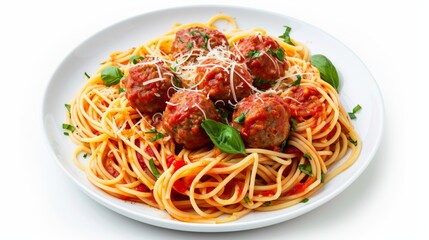 Indulge in the classic comfort of spaghetti and meatballs, adorned with rich tomato sauce, elegantly presented on a white plate against a clean, isolated white background