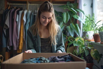 Fototapeta premium Young woman unpacking cardboard boxes with clothe