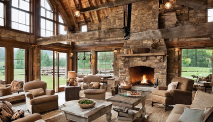 A rustic barn converted into a cozy, country living space with a stone fireplace. AI Generativ