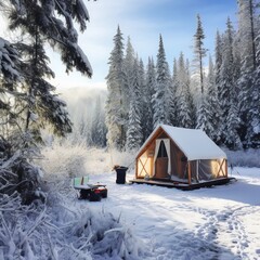 Tent style house in the forest in the snow cold weather climate snow on the trees beautiful winter picturesque setting ,camping outdoors. 