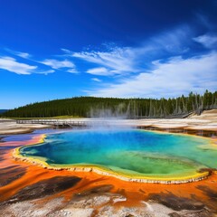 National park spring grand prismatic spring , blue sky trees beautiful day nice surroundings. 