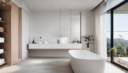 Fototapeta na wymiar A minimalist bathroom with a freestanding tub and floating vanity. AI Generativ