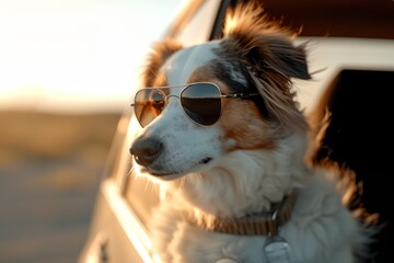 Cool dog in sunglasses riding a car looking out window