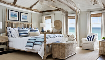 A coastal beach house bedroom with driftwood decor and nautical stripes. AI Generativ