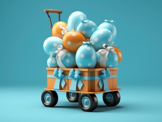 A cart full of blue and orange balloons. Generative AI.