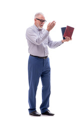 Old boss holding books isolated on white