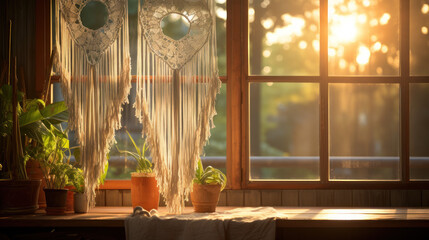 Delicate macrame hangings cascade gracefully against a sunlit window.